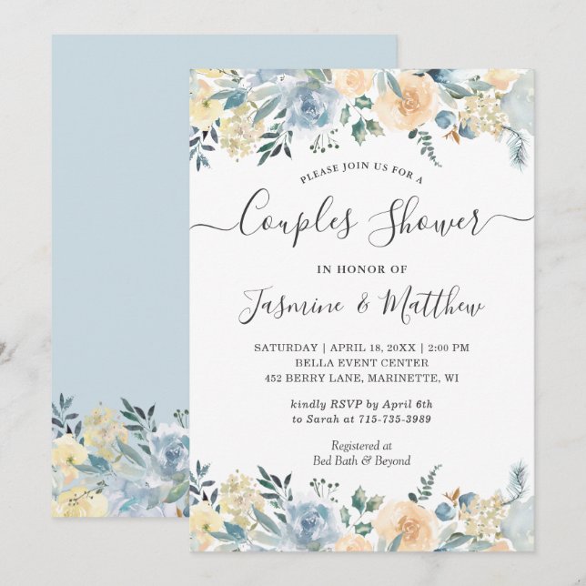 Invitation Chic Vanilla Blue Floral Mariage Couples douche (Devant / Derrière)