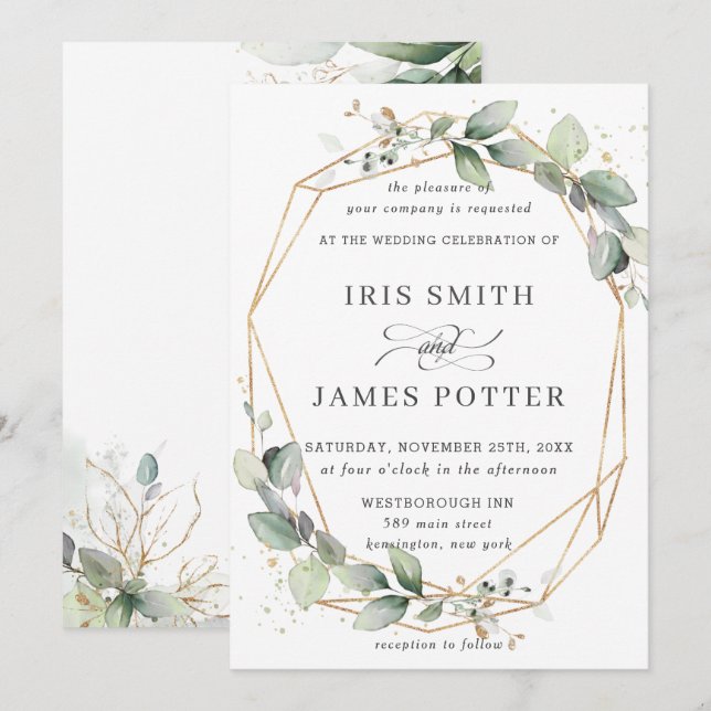 Invitation Chic verdure feuillage Mariage géométrique (Devant / Derrière)