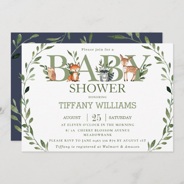 Invitation Chic verdure Rustique Bois Animaux Baby shower (Devant / Derrière)