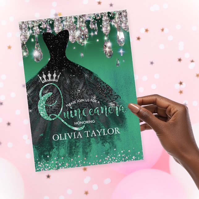 Invitation Chic vert paillettes argentées gouttes Quinceanera (Créateur téléchargé)