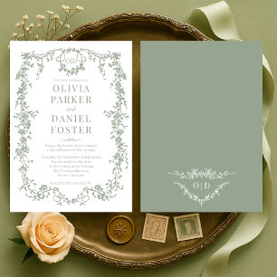 Invitation Chic Vert Sauge Français Victorien Monogramme Mari