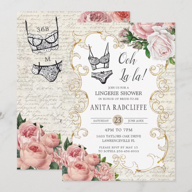 Invitation Chic Vintage Rose Fête des mariées de lingerie (Devant / Derrière)