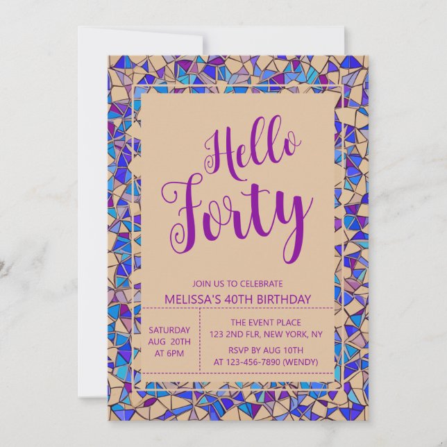 Invitation Chic Violet Bleu Mosaïque Bonjour Quarante Anniver (Devant)