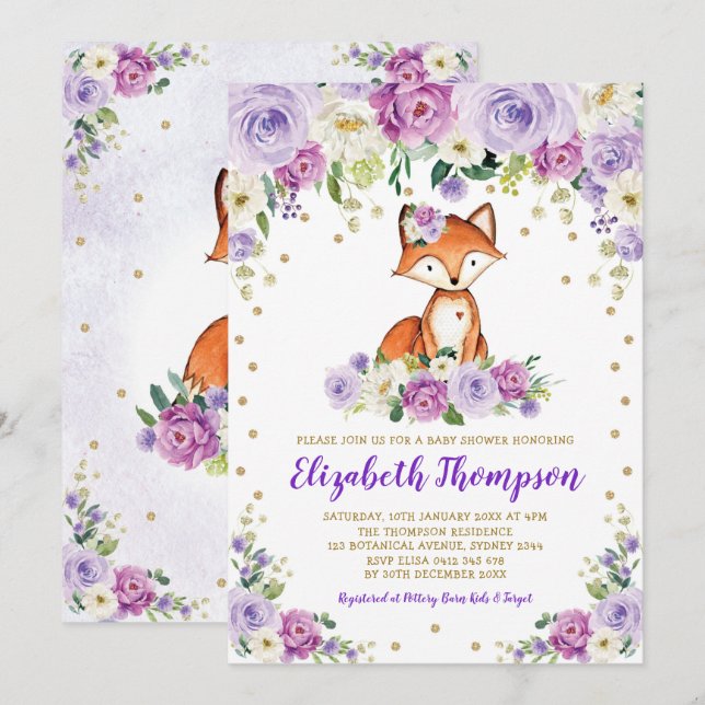 Invitation Chic Violet Floral Woodland Fox Baby Girl Douche (Devant / Derrière)