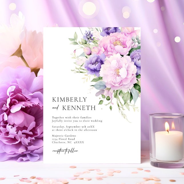 Invitation Chic violet lavande rose violet Mariage floral (Chic Purple Lavender Pink Violet Floral Wedding Invitation)