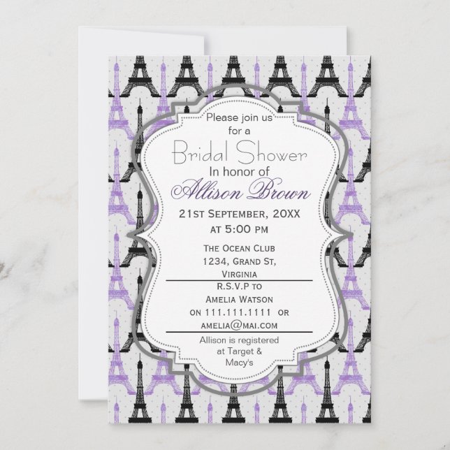 Invitation Chic violet Paris Tour Eiffel Douche nuptiale (Devant)