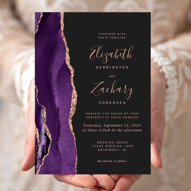 Invitation Chic violet Rose or Agate Dark Mariage (Créateur téléchargé)
