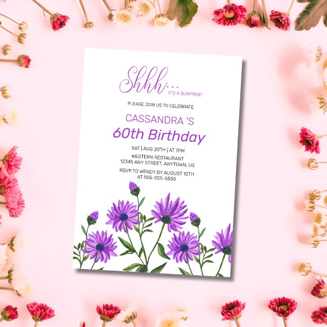 Invitation Chic violet Xeranthemum Floral Surprise Anniversai (Créateur téléchargé)