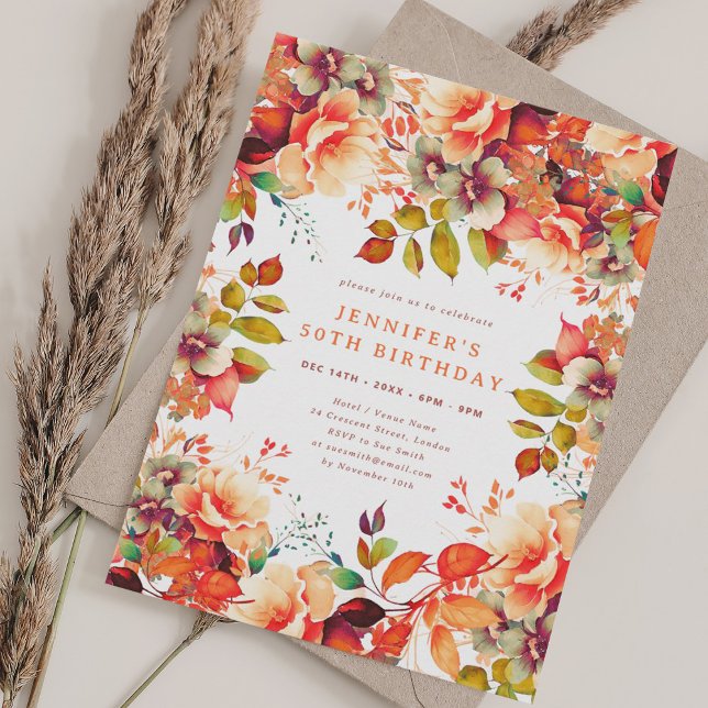 Invitation Chic Watercolor Automne Floral Automne 50e anniver (Chic Watercolor Fall Autumn Floral 50th Birthday Invitation)