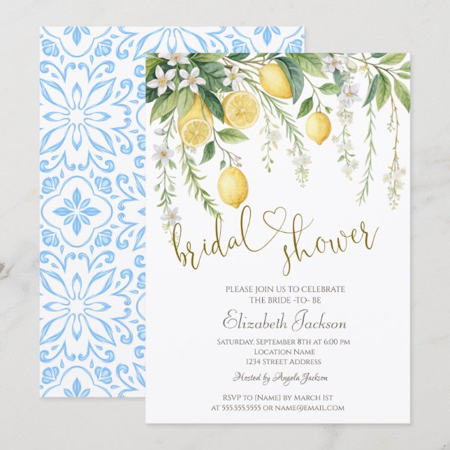 Invitation Chic Watercolor Blooming Lemons Bridal Shower  (Devant / Derrière)