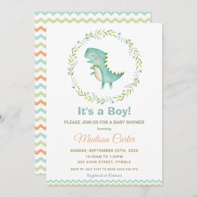 Invitation Chic Watercolor Cute Dinosaur Boy Baby shower (Devant / Derrière)