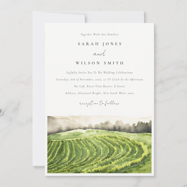 Invitation Chic Watercolor Green Winery Vineyard Mariage (Devant)