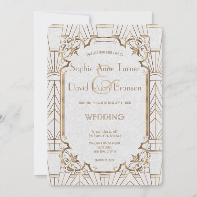 Invitation Chic White Gold Great Art Déco Mariage (Devant)