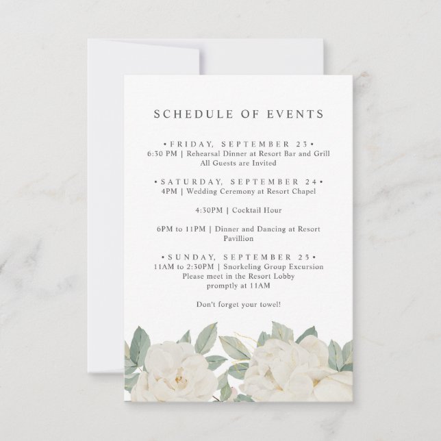 Invitation CHIC WHITE ROSES FLEURS Printemps HORAIRE DES ÉVÉN (Devant)