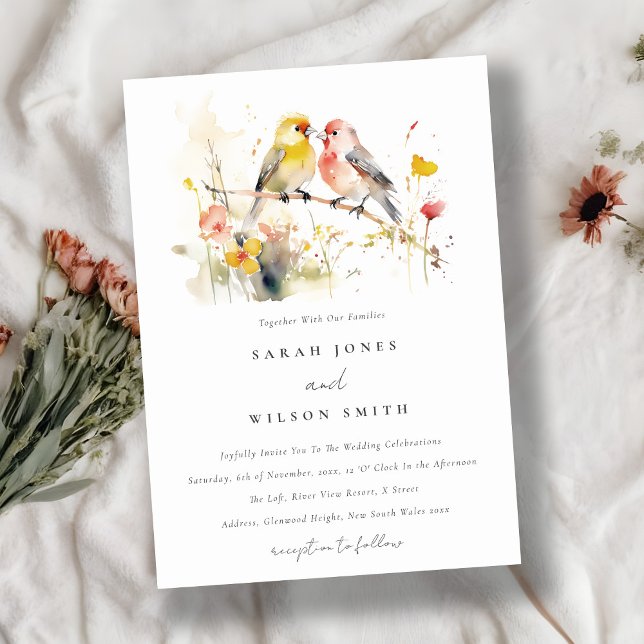 Invitation Chic Wild Botanical Aquarelle Inséparables Mariage (Créateur téléchargé)