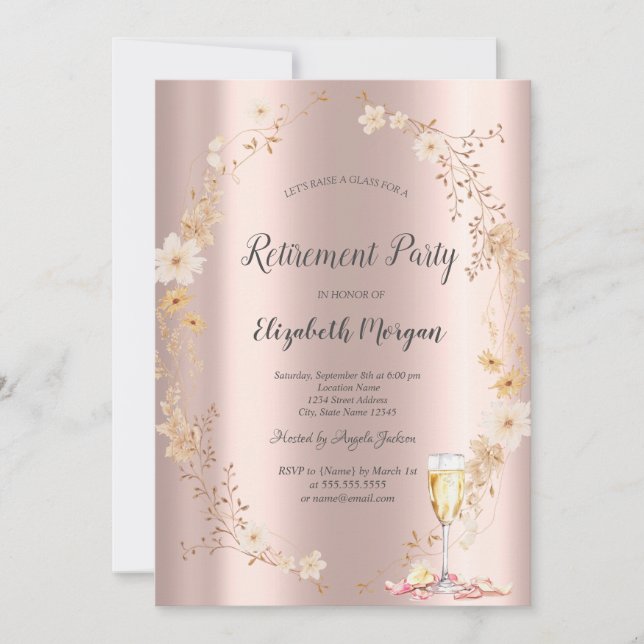 Invitation Chic Wildflower Champagne Rose Gold Retirement  (Devant)