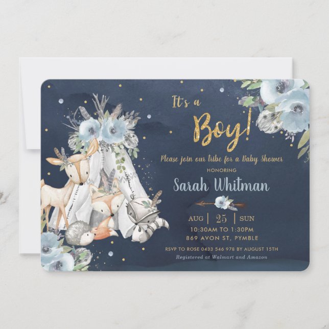 Invitation Chic Woodland Animals Baby shower d'or de la marin (Devant)