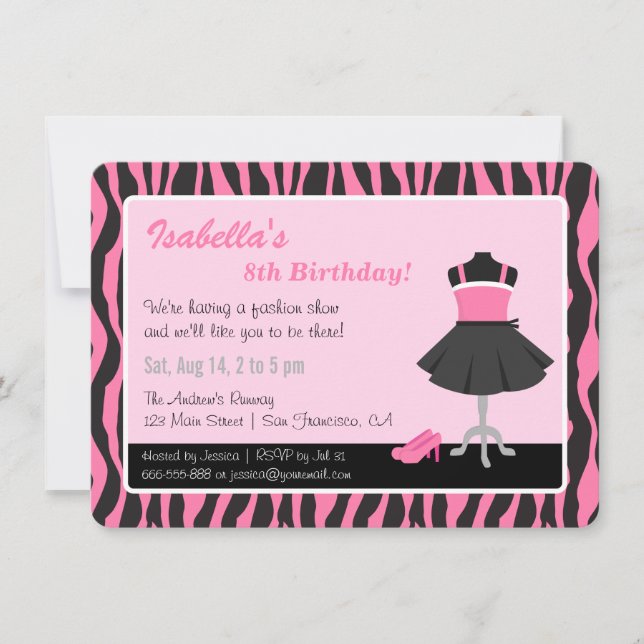 Invitation Chic Zebra Print Fashion Girls Birthday Party (Devant)