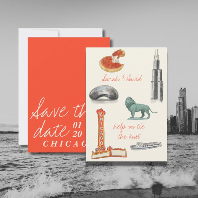Invitation Chicago enregistrer la date avec des dessins (Créateur téléchargé)