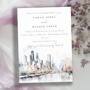Invitation Chicago Illinois Scape Aquarelle Couples Douche