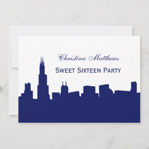 Invitation Chicago Navy Skyline Silhouette Sweet 16 Party