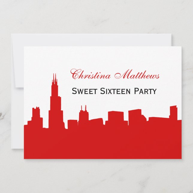 Invitation Chicago Red Skyline Silhouette Sweet 16 Party (Dos)