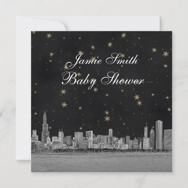 Invitation Chicago Skyline Black Gold Star Baby shower (Devant)