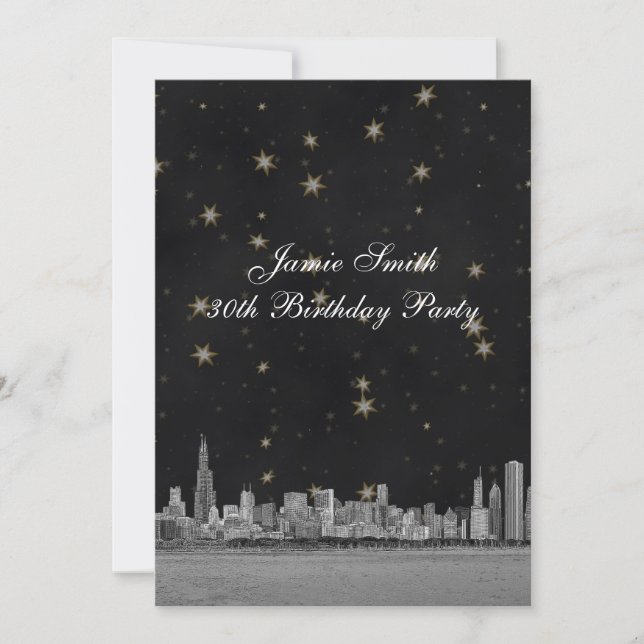Invitation Chicago Skyline Blk Gold Star fête d'anniversaire  (Devant)