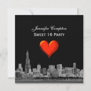 Invitation Chicago Skyline Etch DIY BG Red Heart SQ Sweet 16