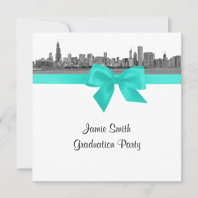 Invitation Chicago Skyline Etched BW Aqua SQ Graduation Party (Devant)