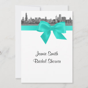 Invitation Chicago Skyline Gravé BW Aqua Baby Shower S