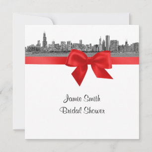 Invitation Chicago Skyline Gravé NB Rouge Carré Enterrement d
