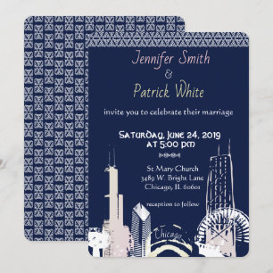 Invitation Chicago Skyline Navy élégant dentelle bleue