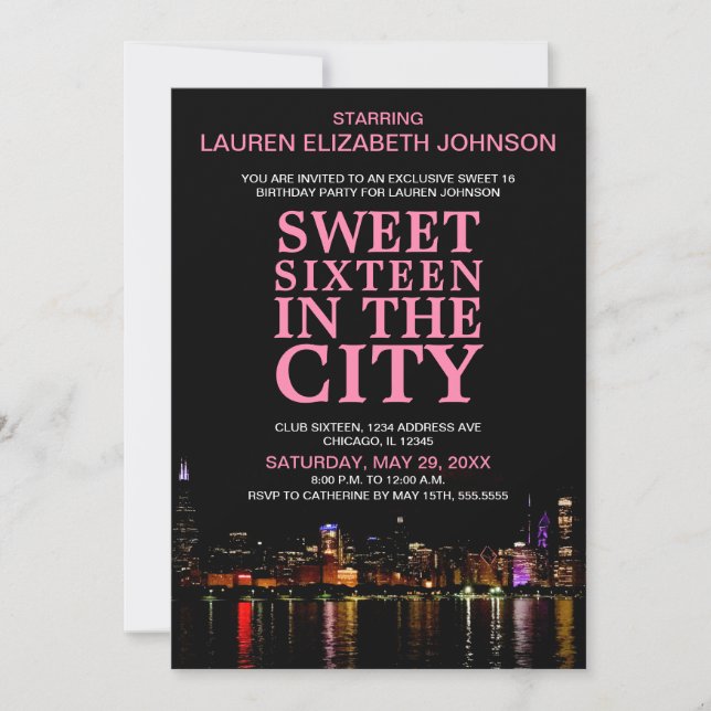 Invitation Chicago Skyline Sweet sixteen Movie Party Annivers (Devant)