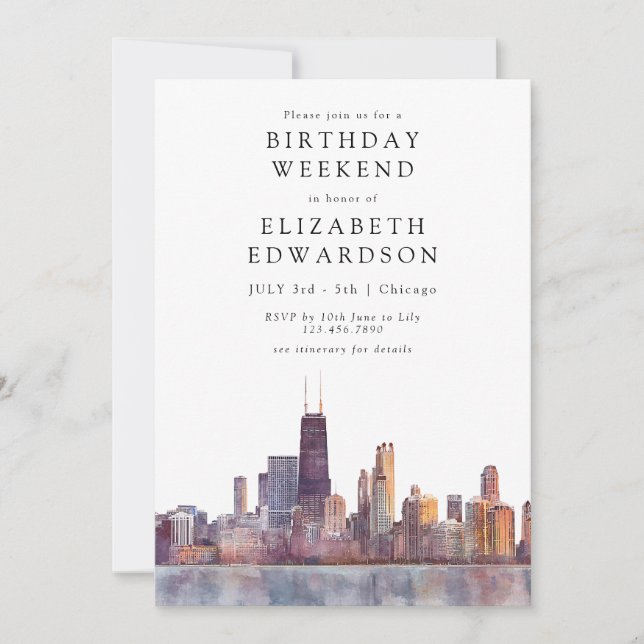 Invitation Chicago Skyline Watercolor Birthday Weekend (Devant)