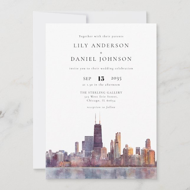 Invitation Chicago Skyline Watercolor Elegant Wedding (Devant)