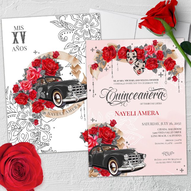 Invitation Chicana Lowrider Rouge Rose Chola Quinceanera (Créateur téléchargé)
