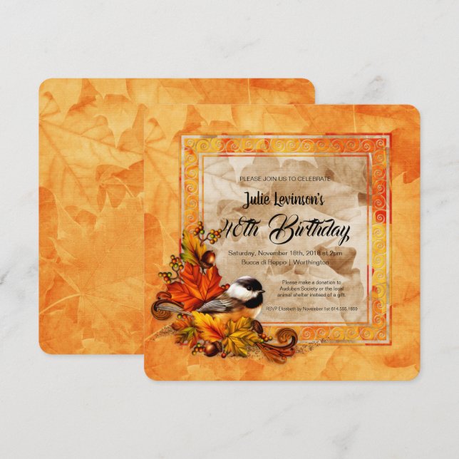 Invitation Chickadee & Golden Feuilles d'automne fête d'anniv (Devant / Derrière)