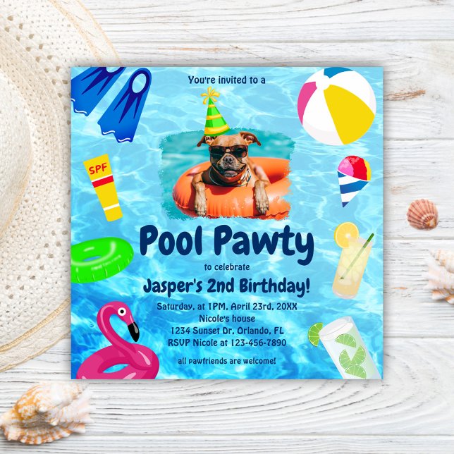 Invitation Chien Anniversaire Pool Party Chien Puppy Pawty (Dog Birthday Pool Party Puppy Pawty Invitation)
