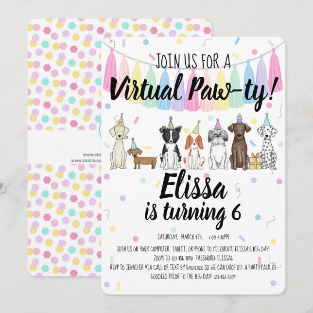 Invitation Chien Chien Virtuel Fille Anniversaire Pawty (Devant / Derrière)