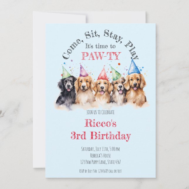 Invitation Chien chiot animal Pawty (Devant)