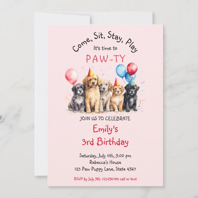 Invitation Chien chiot animal Pawty (Devant)