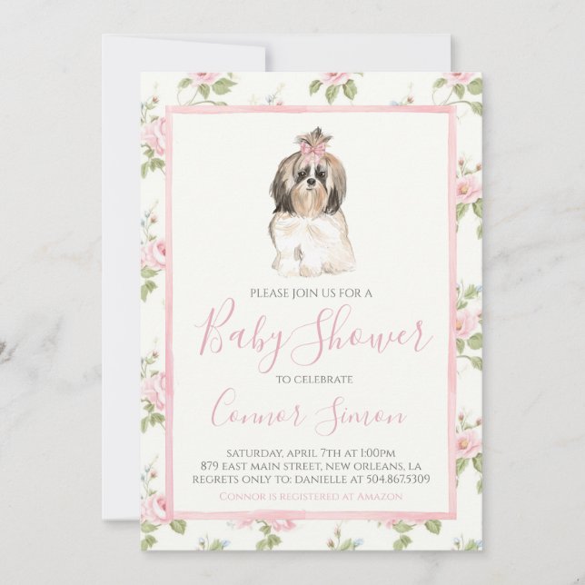 Invitation Chien chiot Baby shower fille (Devant)