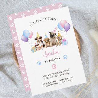 Invitation Chien chiot fête d'anniversaire Aquarelle rose