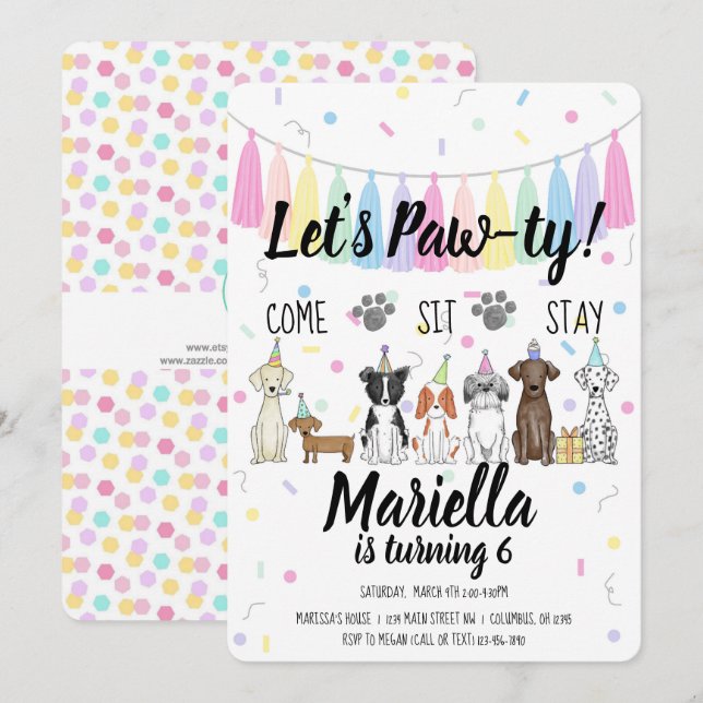 Invitation Chien chiot fille Anniversaire Pawty (Devant / Derrière)