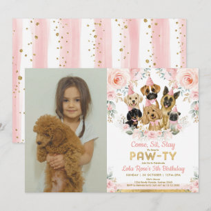 Invitation Chien chiot fille fête d'anniversaire Blush Floral