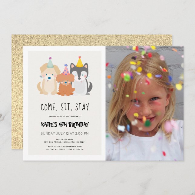 Invitation Chien chiot Parties scintillant or Anniversaire Pa (Devant / Derrière)
