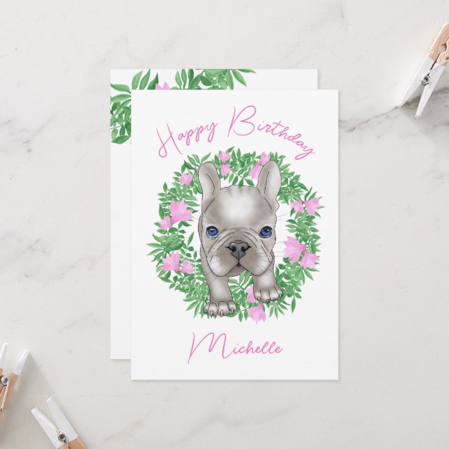 Invitation Chien de taureau français avec couronne de fleurs (Devant/Arrière en situation)