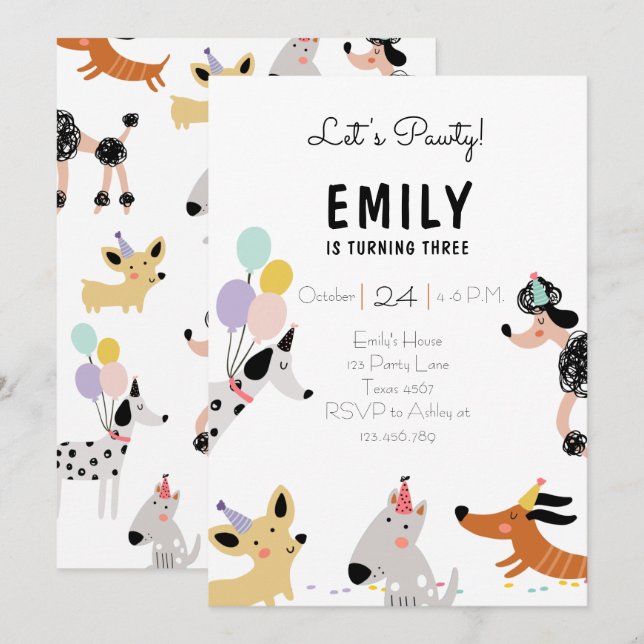 Invitation Chien Fête d'anniversaire Chien Chiot Pawty Fille  (Devant / Derrière)