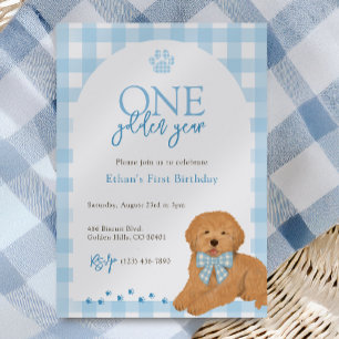 Invitation Chien Goldendoodle Bleu Un An Anniversaire Doré